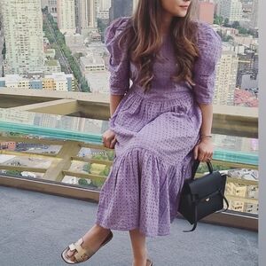 Lavendar colored puff sleeve eyelet midi dress XS
